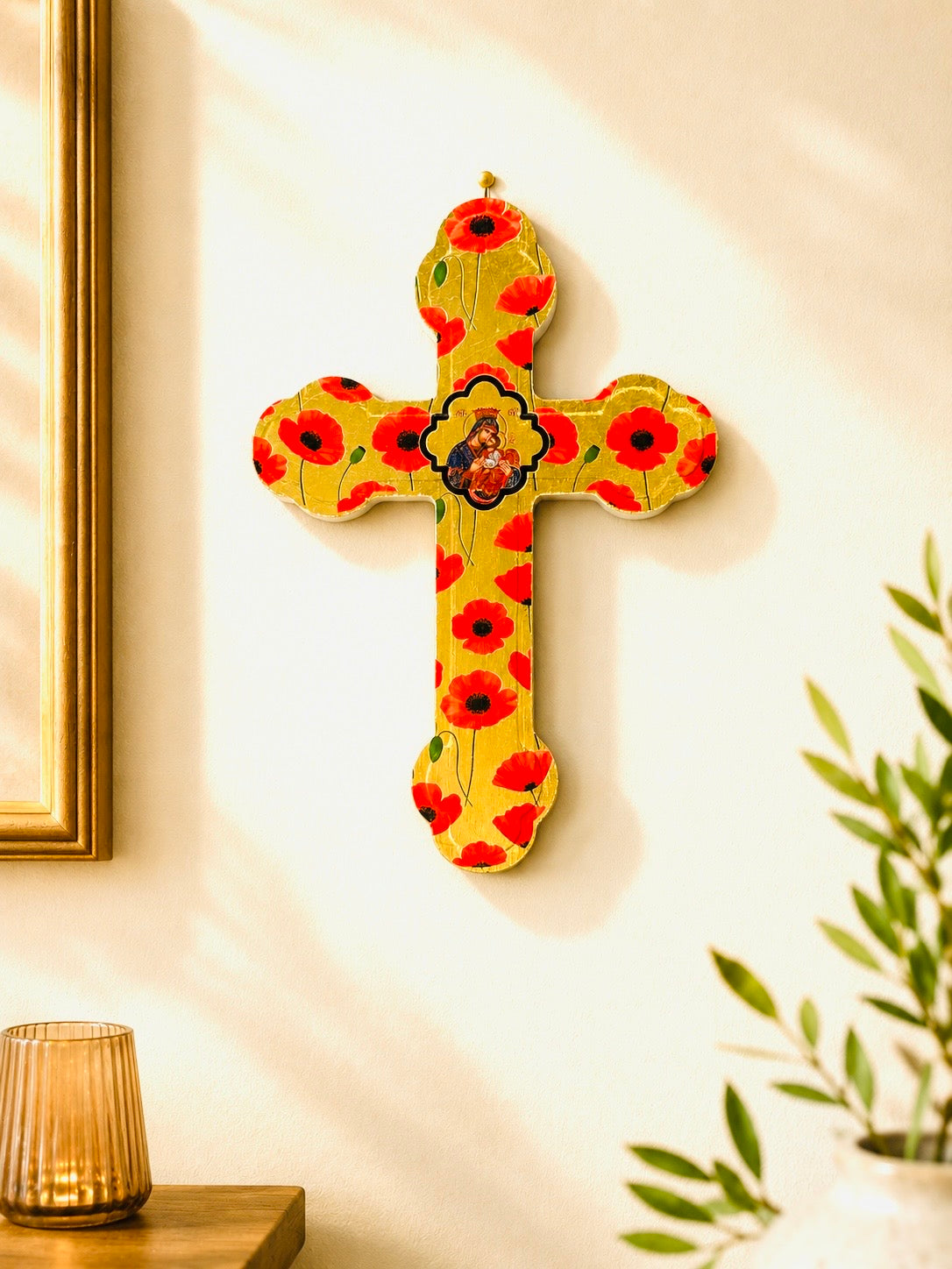 Mother Mary & Baby Jesus Wall Cross Poppies & Gold