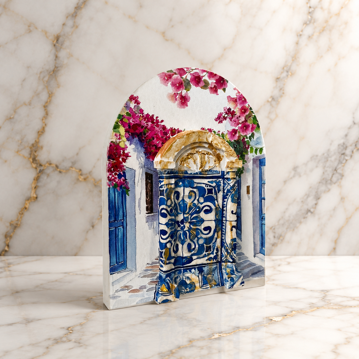 Santorini Blue Door Wooden Décor with 3D Porcelain Door – Bougainvillea Arch | Handmade in Greece