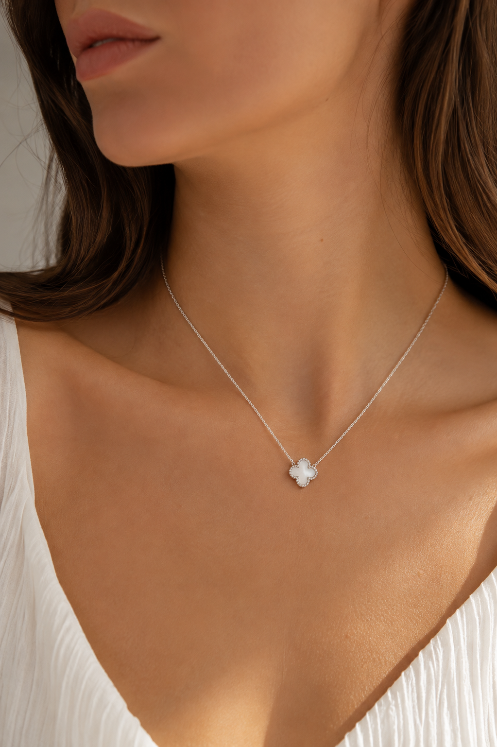 Elysian Clover Necklace – Silver & White