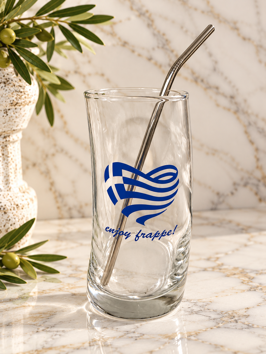 Greek Wave Frappé Glass with Stainless Steel Straw 🇬🇷