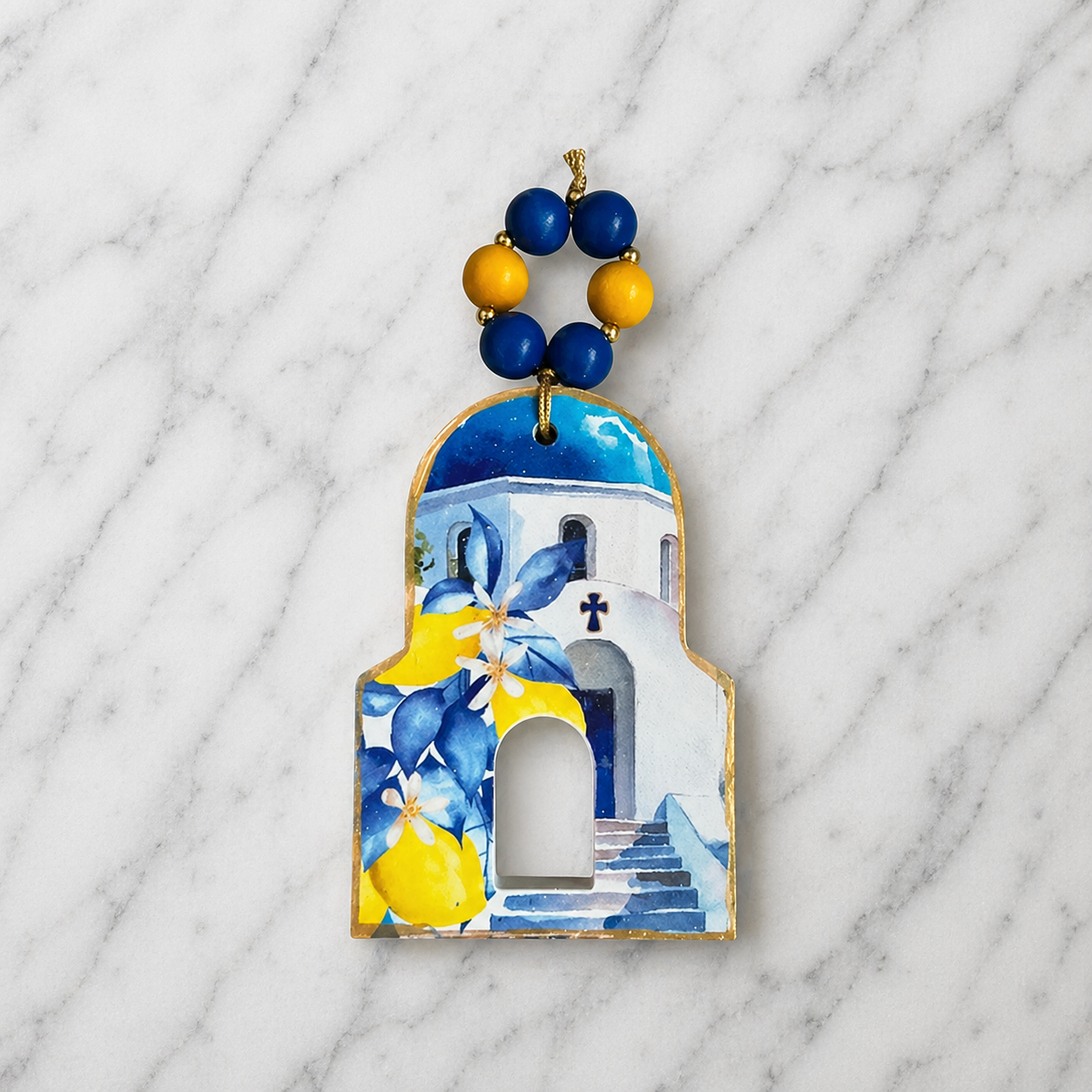 Greek Island Church Ornament – Lemon & Blue Beaded Hanging Decor