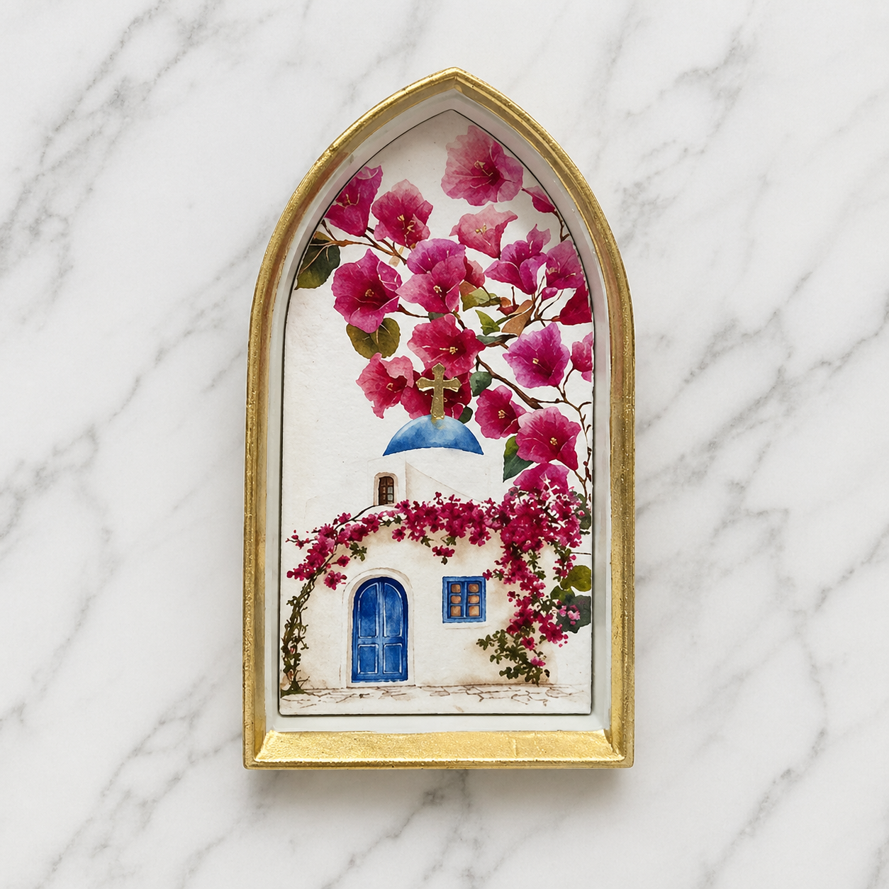 Aegean Arch Standing Decor – Handmade Greek Island Church with Bougainvillea