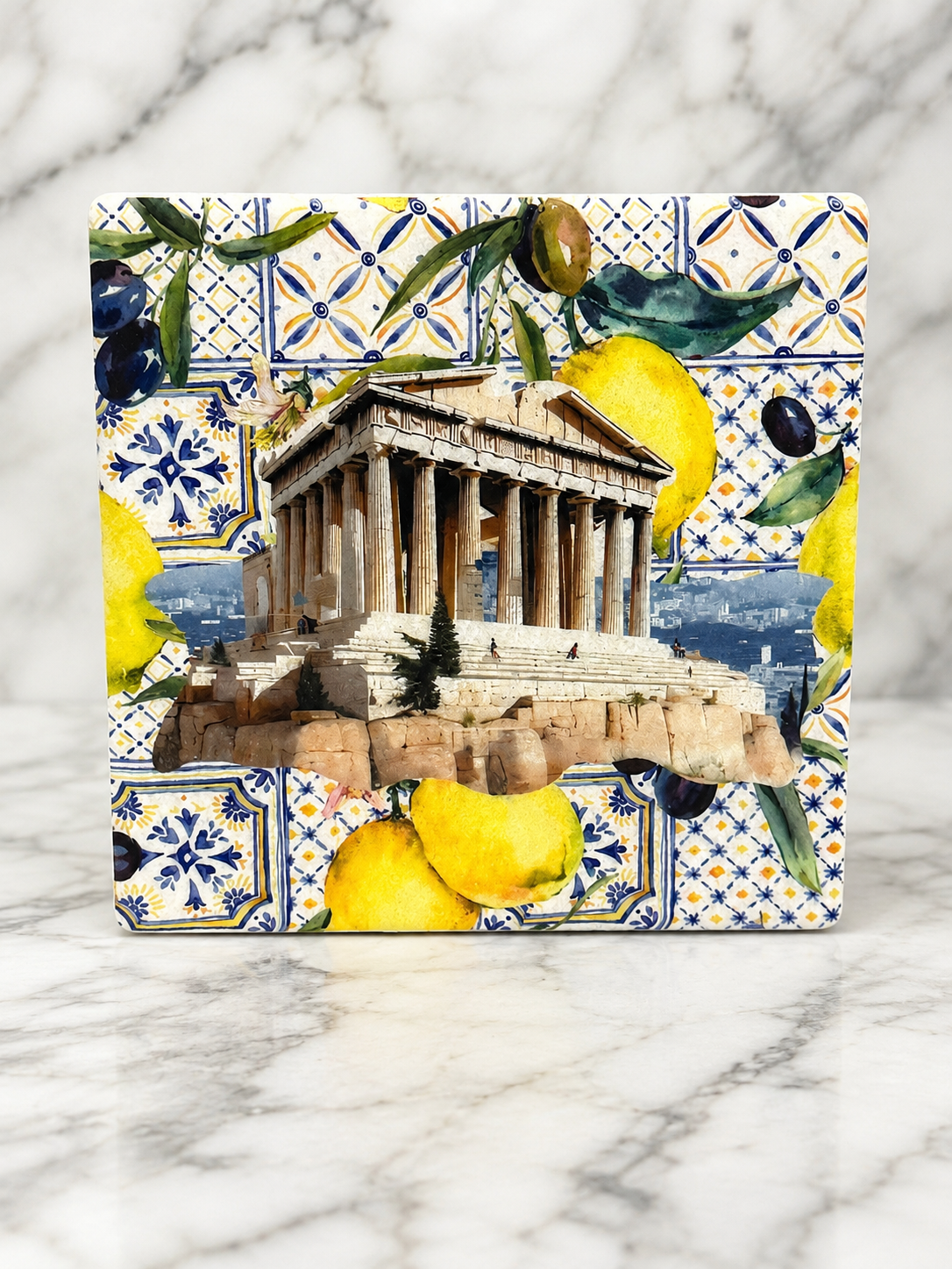 Genuine Thassos Marble Parthenon Tile with Olives & Lemons – 10 x 10 cm | Handmade in Greece