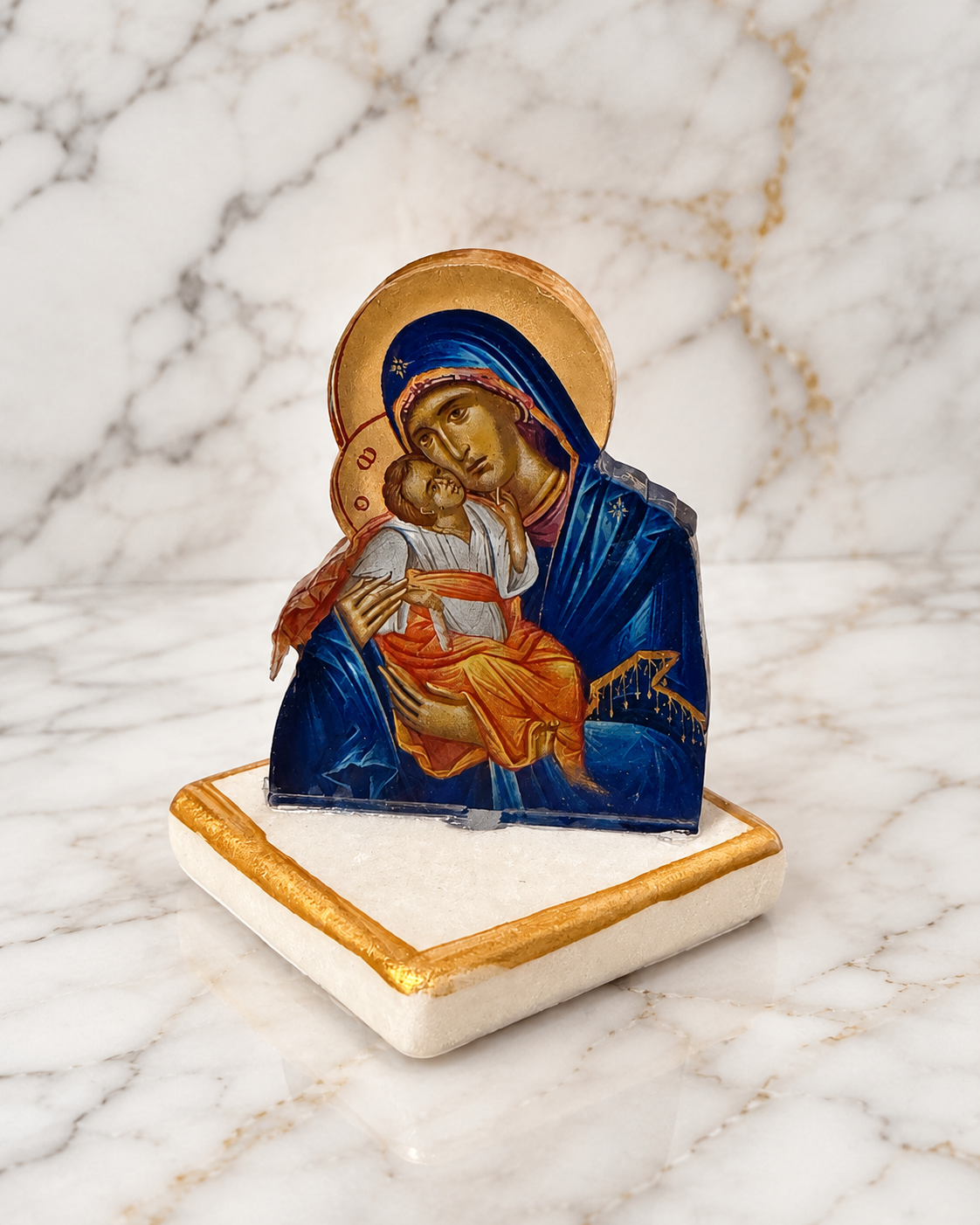 Virgin Mary & Jesus Eikon on Thassos Marble Base – Made in Greece - mini eikon