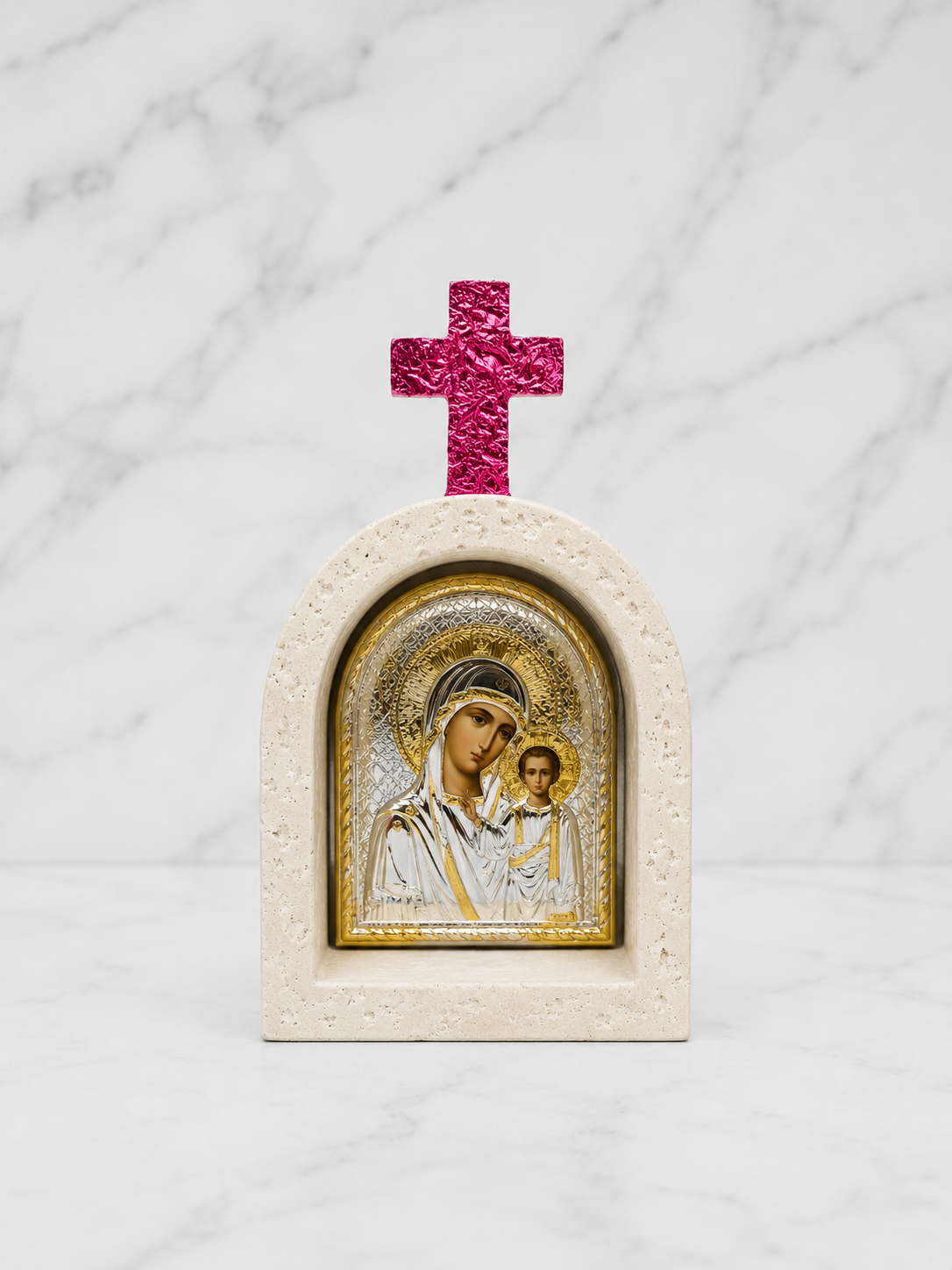 Pink Dome Cross Mother Mary & Jesus