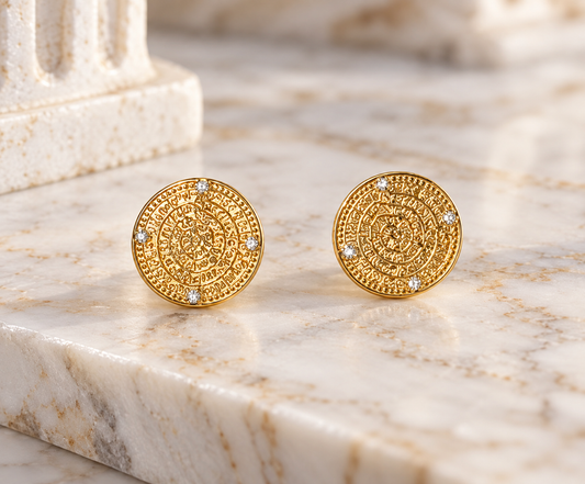 Gold Phaistos Disc Stud Earrings
