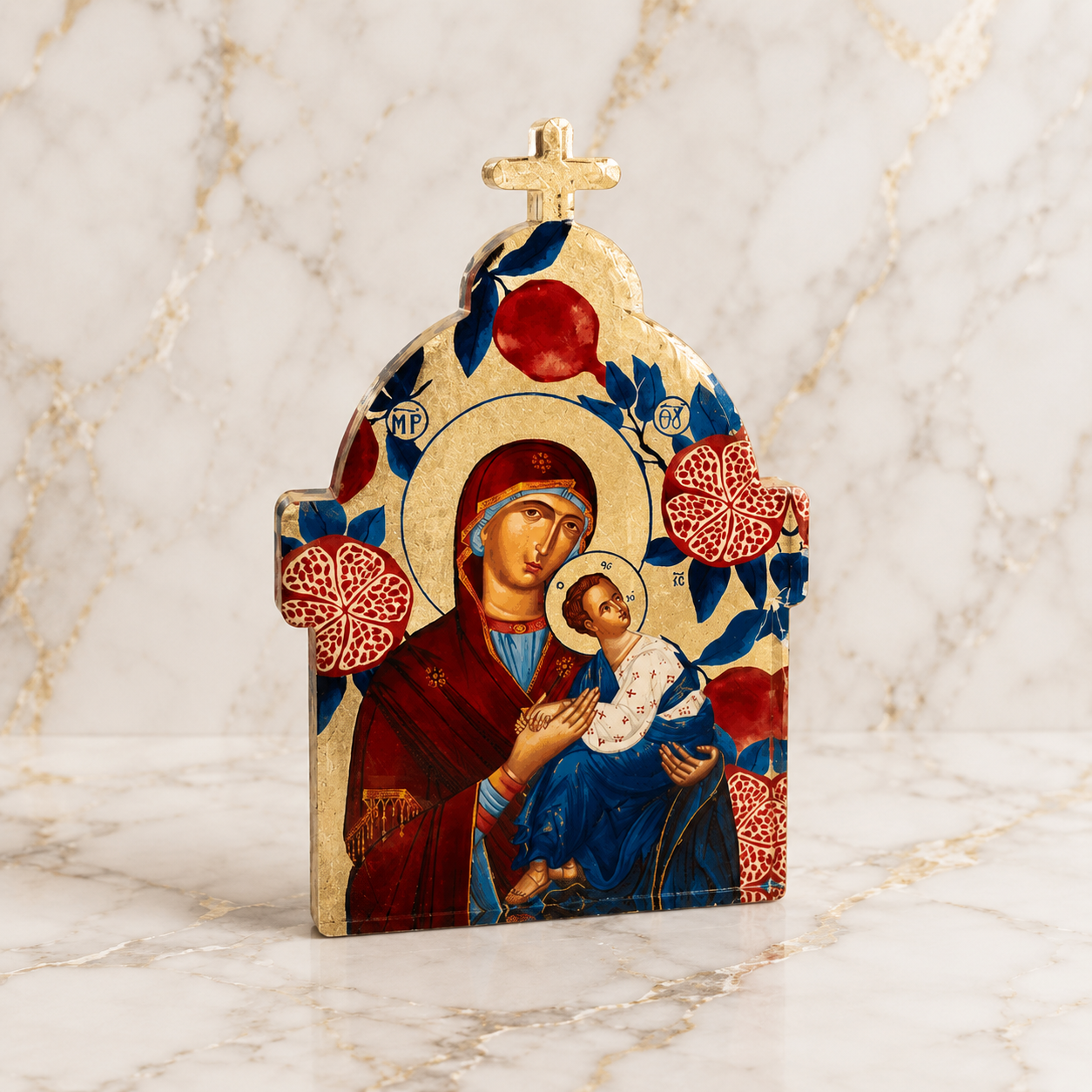 Mary & Christ Gold Leaf Standing Icon – Pomegranate | Made in Greece
