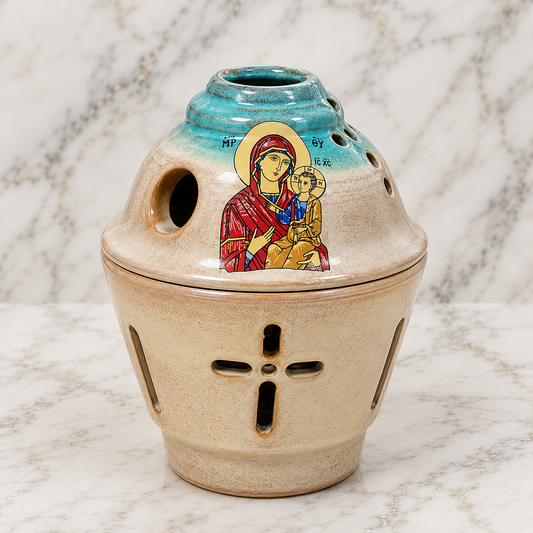 Mary And Jesus Vigil Lamp / Kandili Turquoise-Brown