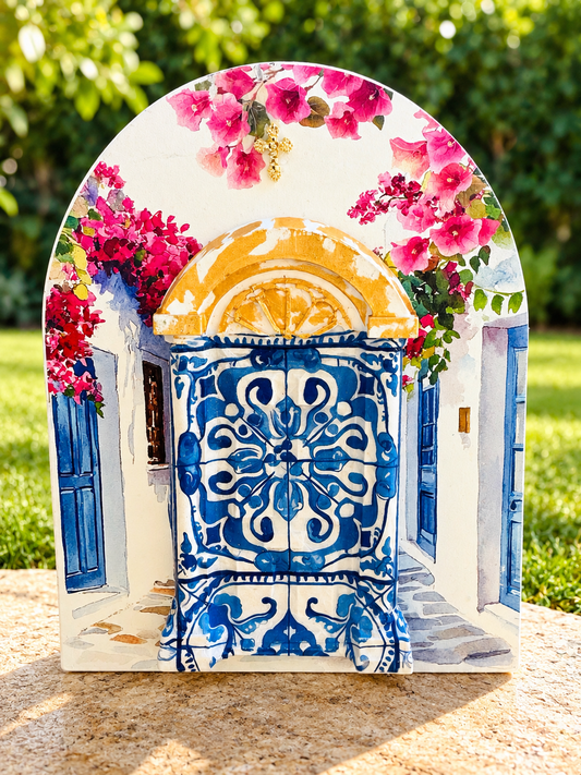 Santorini Blue Door Wooden Décor with 3D Door – Bougainvillea Arch | Handmade in Greece