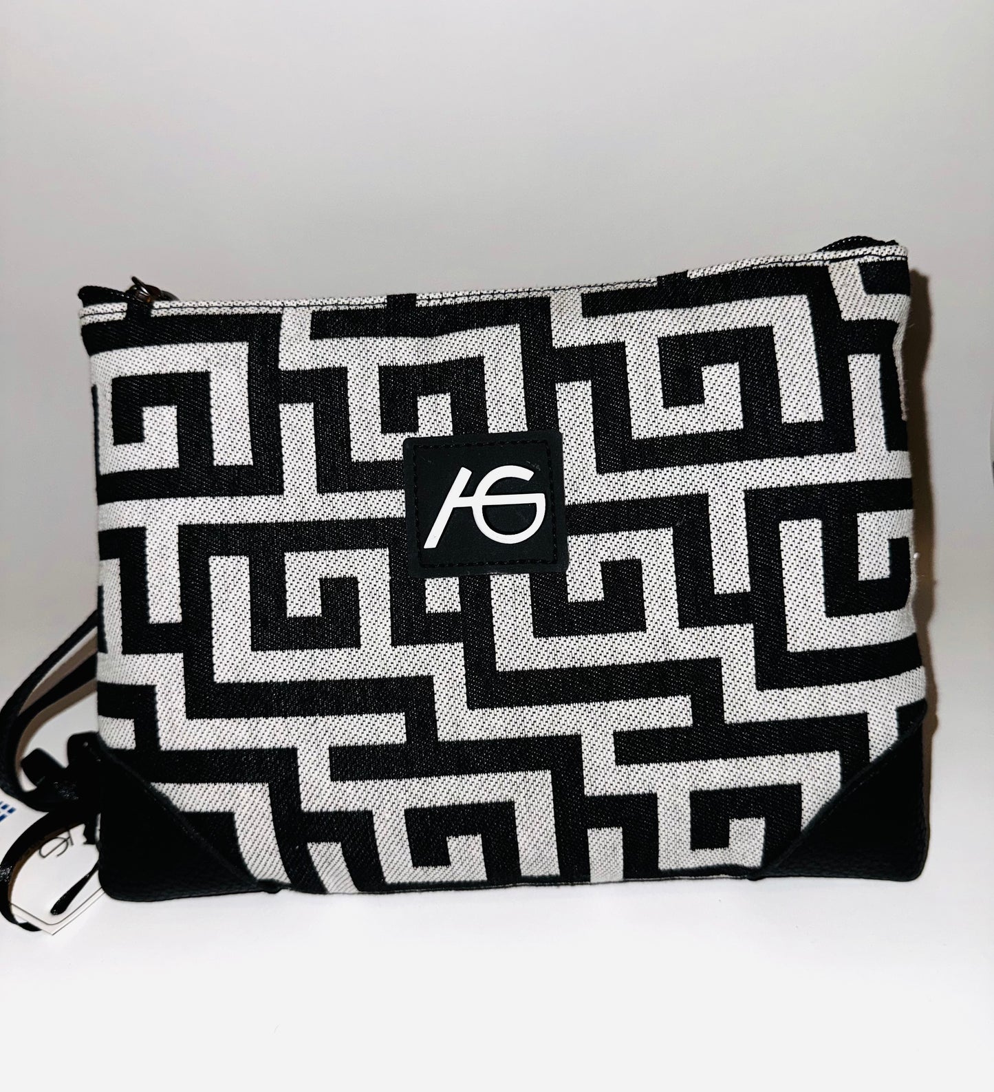 Elena Black Greek key Clutch Bag By Ari Giorgio