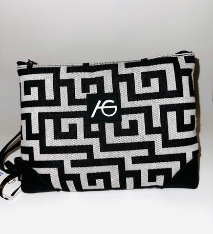 Elena Black Greek key Clutch Bag By Ari Giorgio