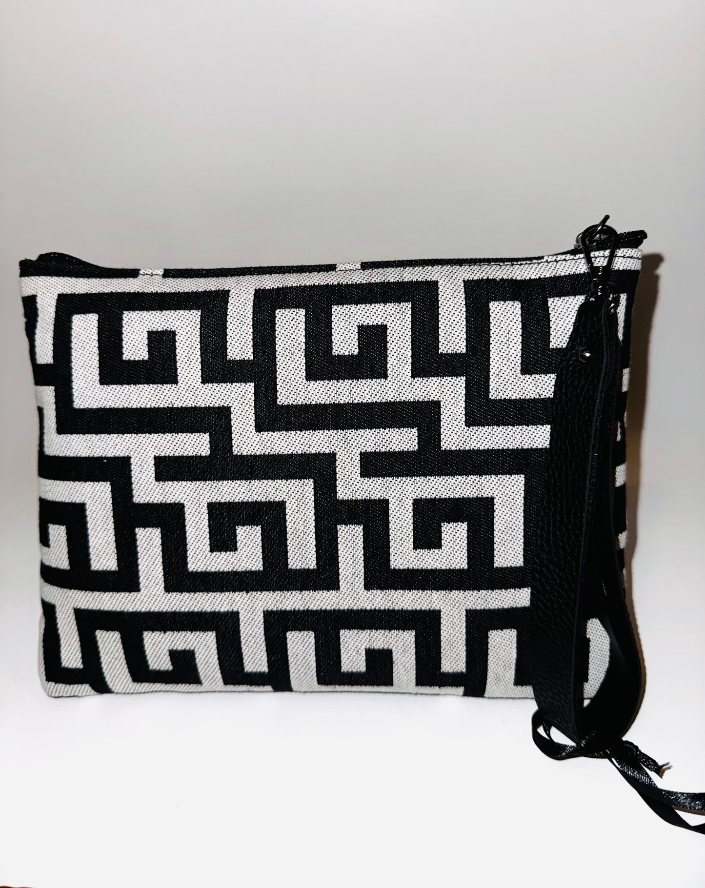 Elena Black Greek key Clutch Bag By Ari Giorgio