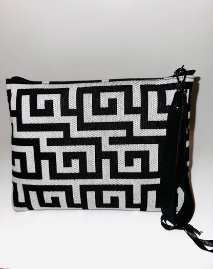 Elena Black Greek key Clutch Bag By Ari Giorgio