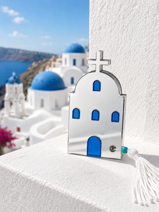 Santorini Church Silver Ornament with White Tassel – Made in Greece
