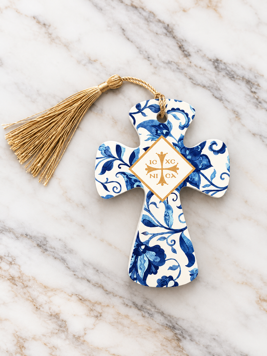 Blue Ceramic Cross Ornament – Handmade in Greece