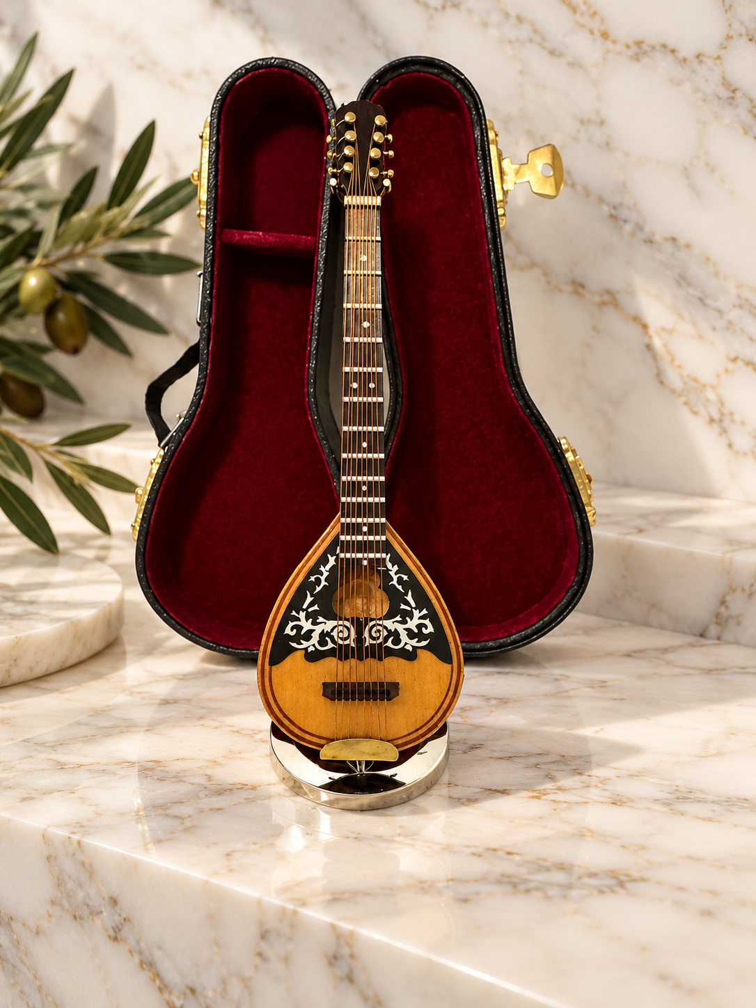 Handmade Greek Miniature Bouzouki with Case & Display Stand – 16cm
