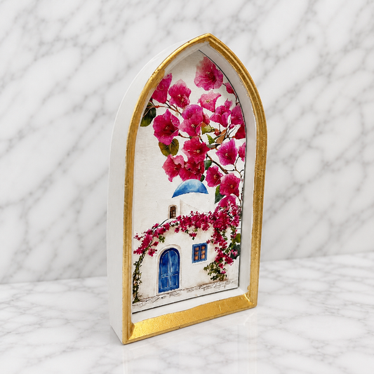 Aegean Arch Standing Decor – Handmade Greek Island Church with Bougainvillea