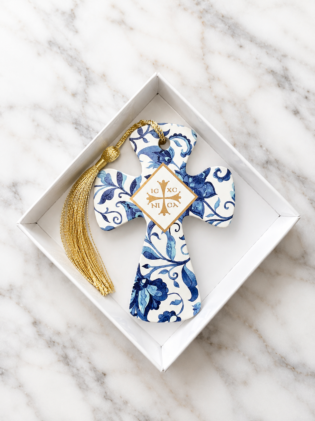 Blue Ceramic Cross Ornament – Handmade in Greece