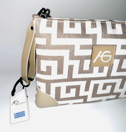 Elena Beige Greek key Clutch Bag By Ari Giorgio