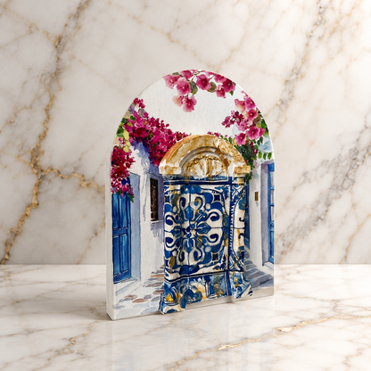 Santorini Blue Door Wooden Décor with 3D Door – Bougainvillea Arch | Handmade in Greece