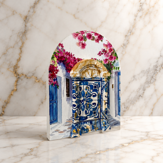 Santorini Blue Door Wooden Décor with 3D Porcelain Door – Bougainvillea Arch | Handmade in Greece
