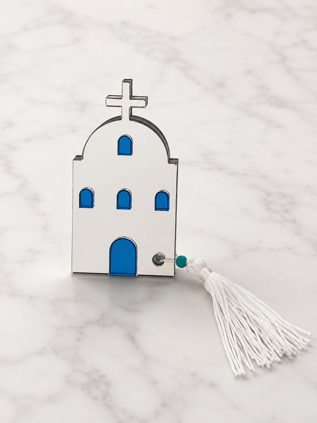 Santorini Church Silver Ornament with White Tassel – Made in Greece