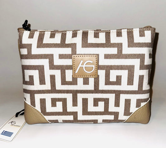 Elena Beige Greek key Clutch Bag By Ari Giorgio