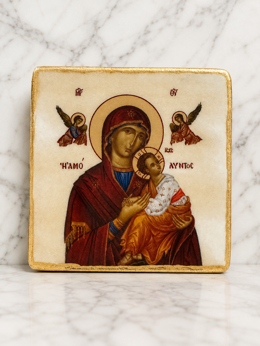 Virgin Mary Marble Icon with built in Stand | Made in Greece
