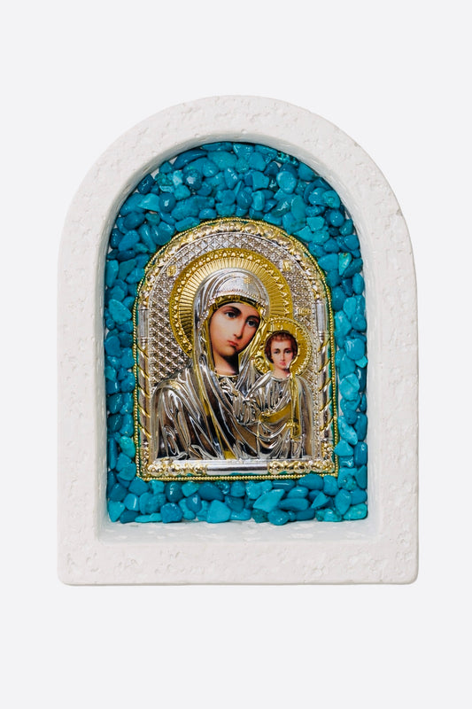 Mary & Baby Jesus Dome Icon with Turquoise Stones