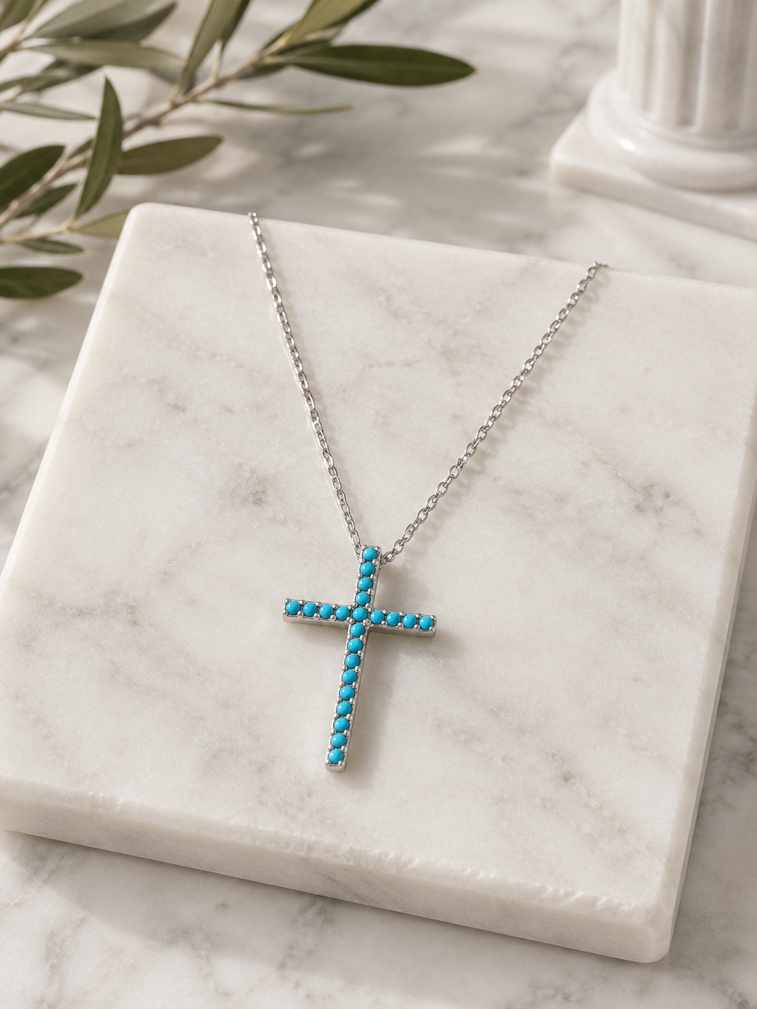 Minimalist Turquoise Cross Necklace – Silver