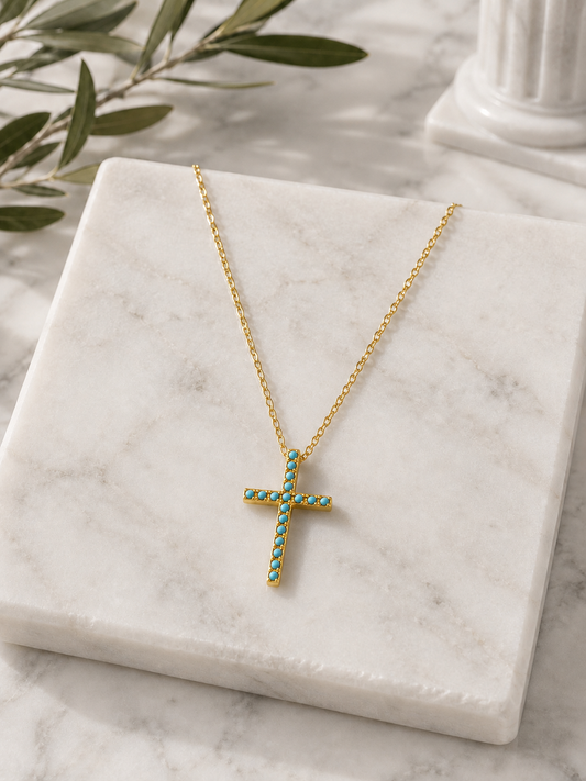 Minimalist Turquoise Cross Necklace – gold