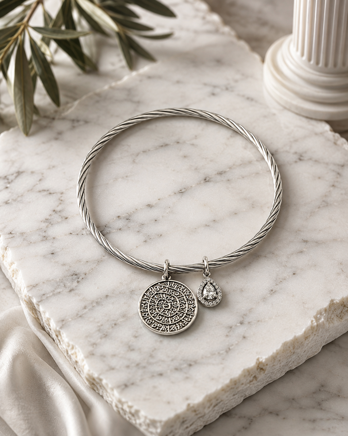 Phaistos Disc Charm Bangle – Silver | Designed for Larger Wrists