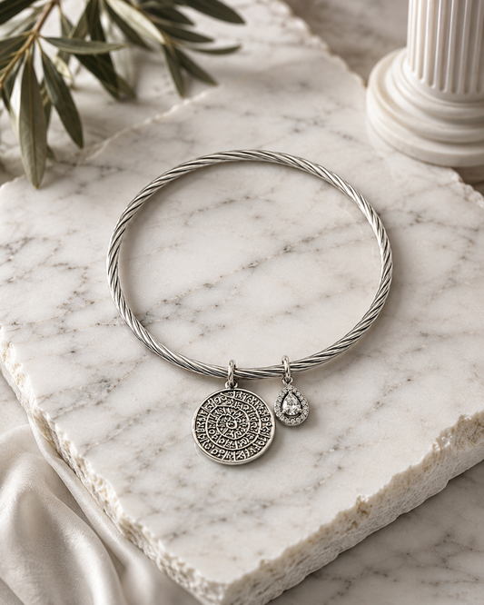 Phaistos Disc Charm Bangle – Silver | Designed for Larger Wrists