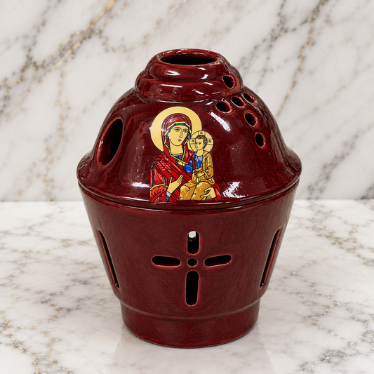Mary And Jesus Vigil Lamp / Kandili Cherry Red