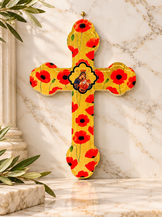 Mother Mary & Baby Jesus Wall Cross Gold - Handmade in Greece