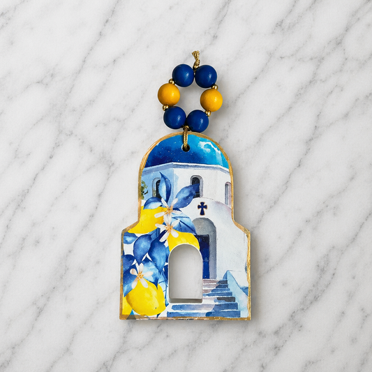 Greek Island Church Ornament – Lemon & Blue Beaded Hanging Decor