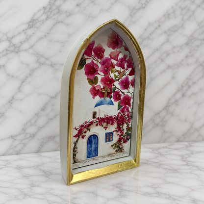 Aegean Arch Standing Decor – Handmade Greek Island Church with Bougainvillea