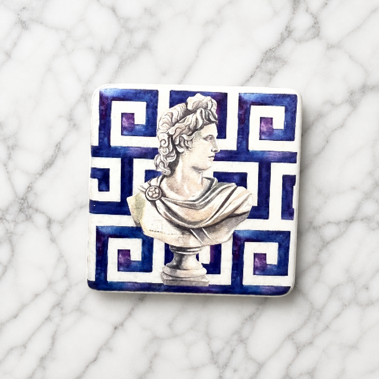 Grecian Bust Thassos Marble Magnet – Blue Greek Key