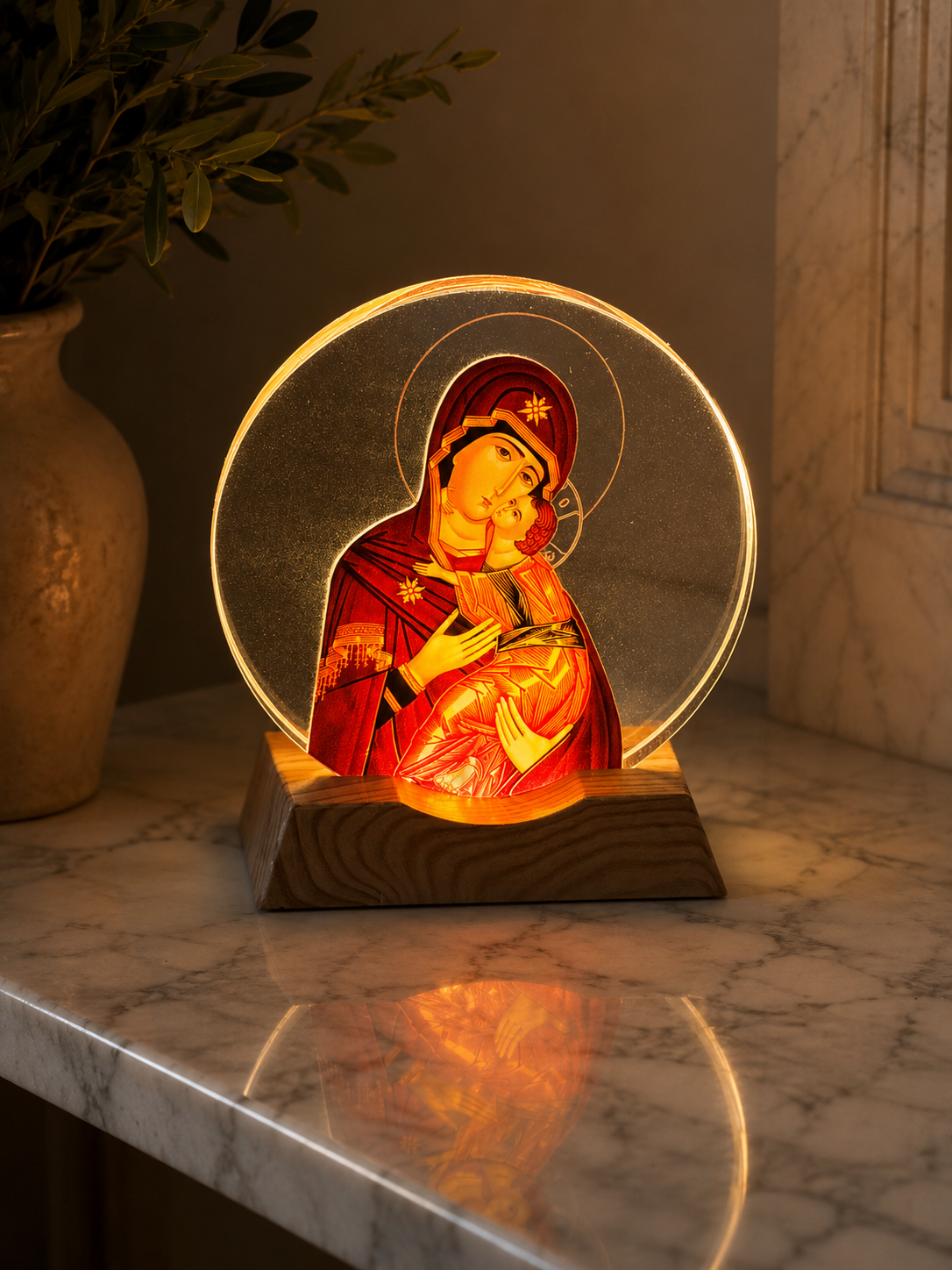 Illuminated Glass Icon – Mother Mary & Jesus
