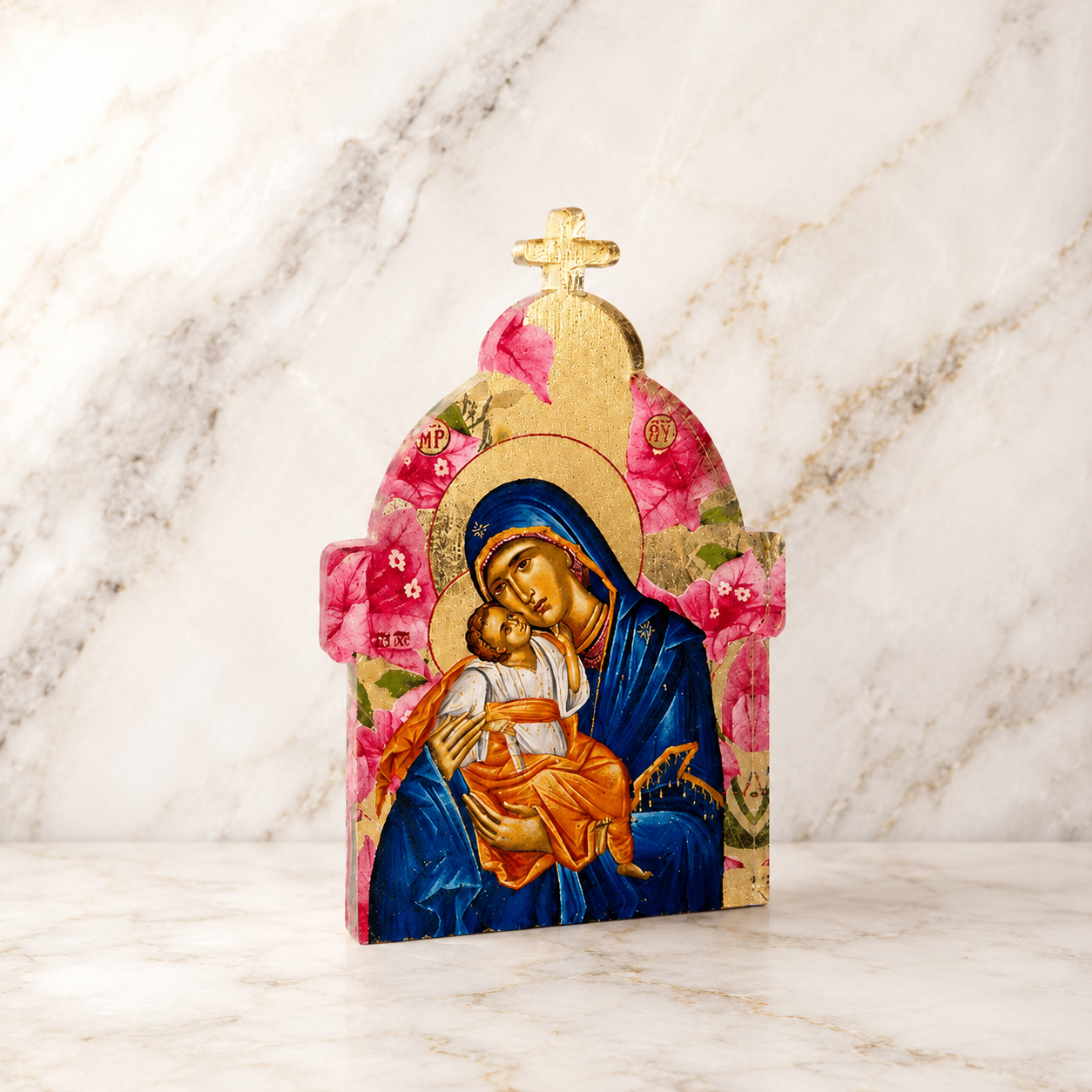 Mary & Christ Floral Standing Icon – Pink Flowers | Made in Greece