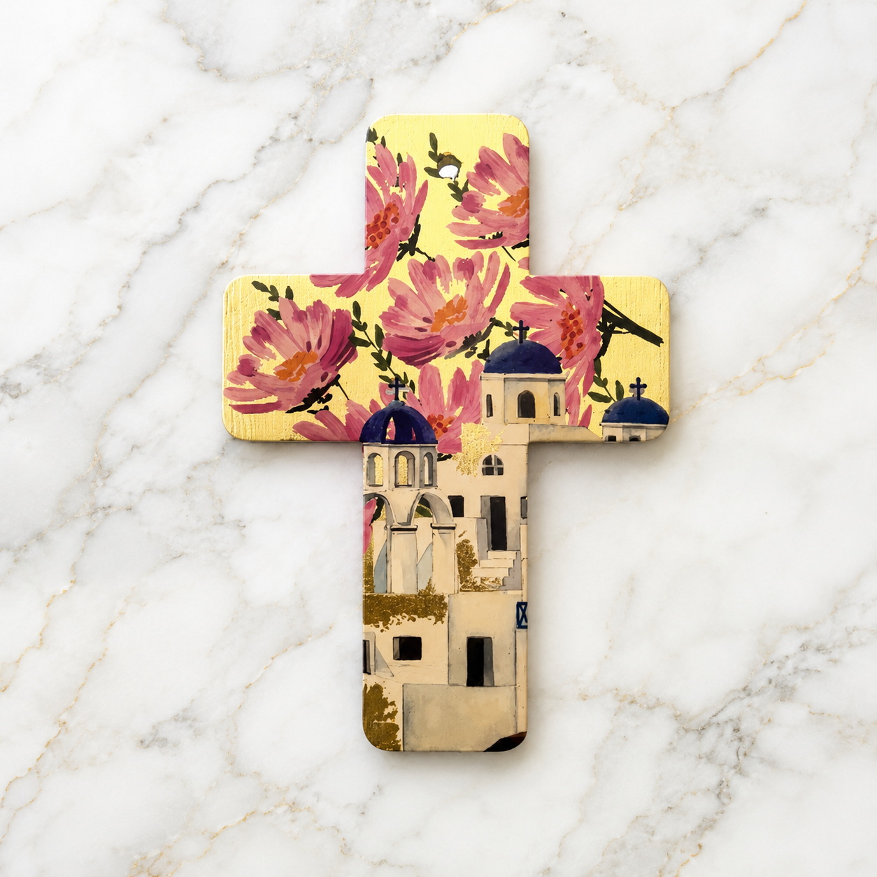 Handmade Greek Porcelain Cross with Gold Leaf – Santorini Churches with Flowers