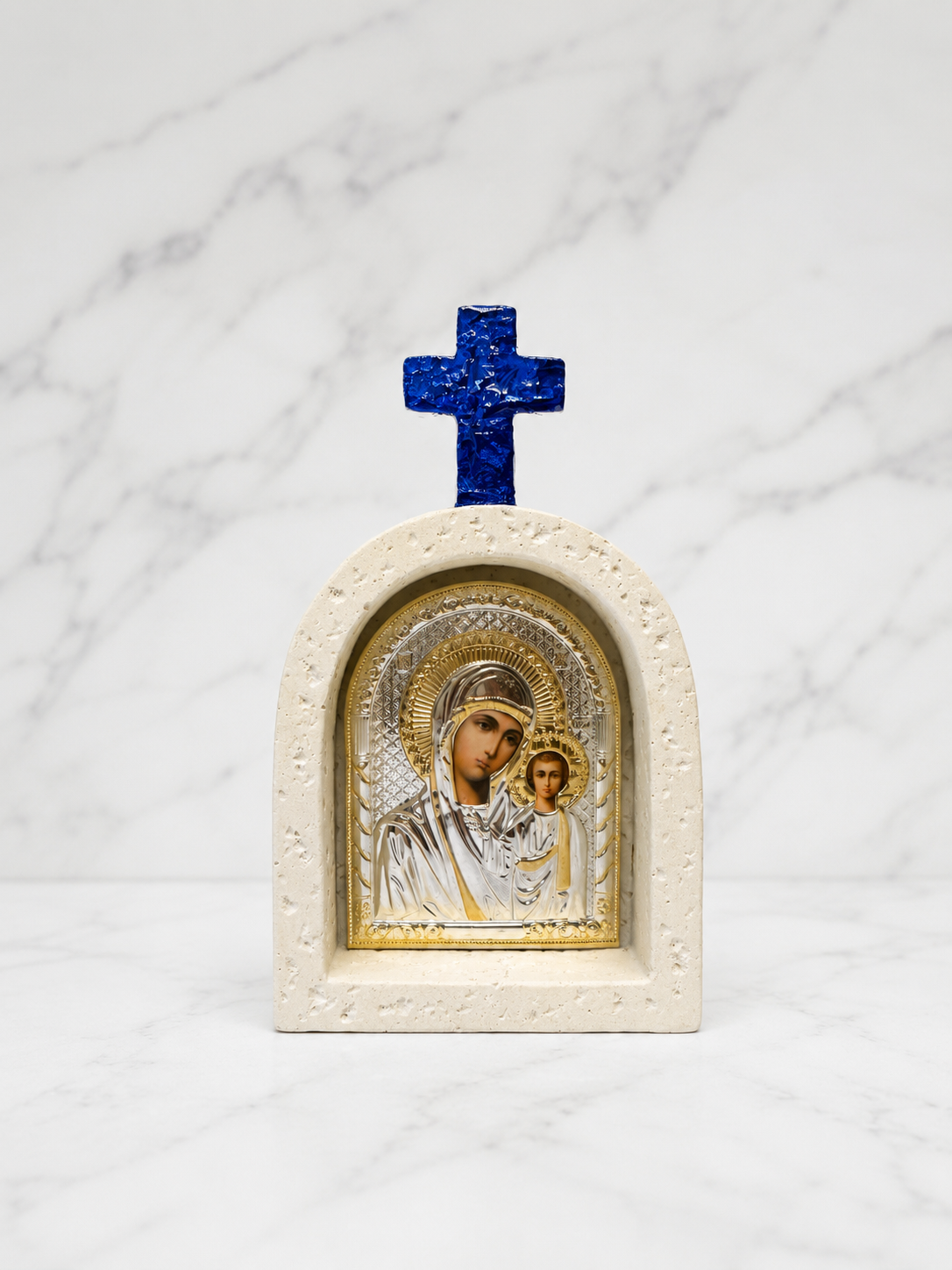Royal Blue Dome Cross Mother Mary & Jesus