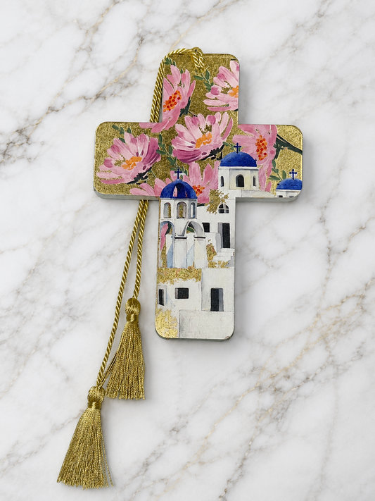 Handmade Greek Porcelain Cross with Gold Leaf – Santorini Churches with Flowers
