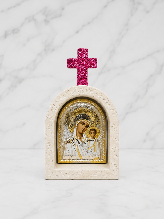 Pink Dome Cross Mother Mary & Jesus