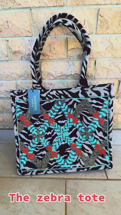 Zebra beaded Tote Handbag